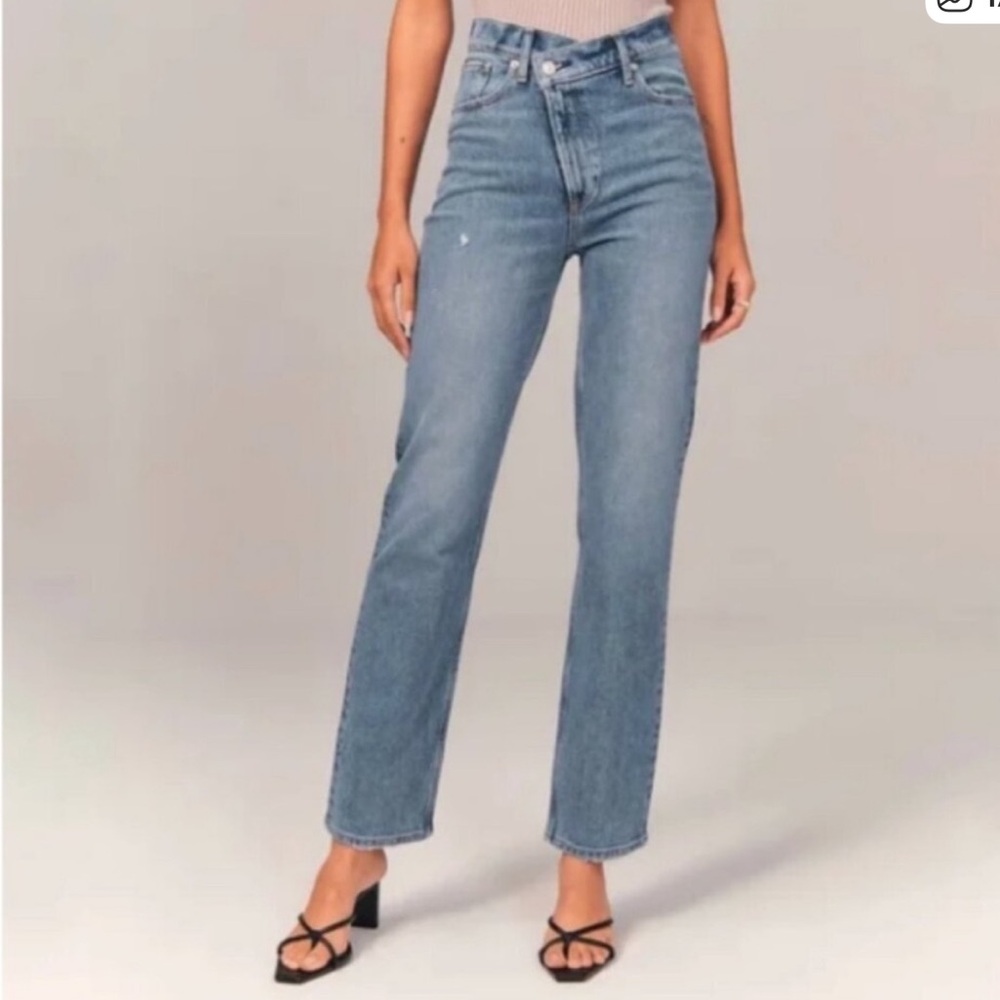Abercrombie & Fitch Women's CrissCross Waistband High Rise Straight Leg Jeans